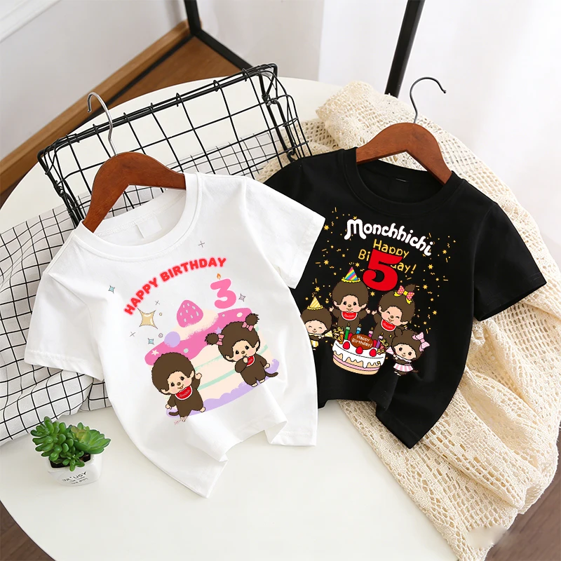 

Monchhichi T-shirt Birthday Party Short Sleeves Boy Girl T Shirt Fashion Cotton Tees Children Cute Tops Kids Summer Clothes Gift