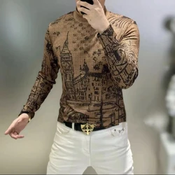 High End Base Shirt Men's Long Sleeved T-shirt European New Stylelight Luxury Semi High Neck Autumn and Winter Slim Fit Top