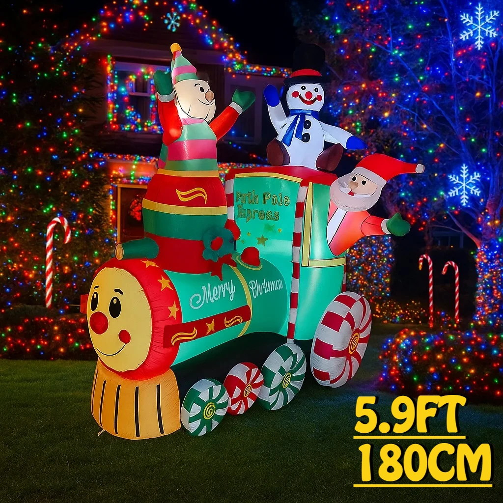 1.8M/5.9FT Christmas Train Santa Claus Snowman Inflatable Model Christmas Decoration Lights Holiday Outdoor Decor Home Yard Toys