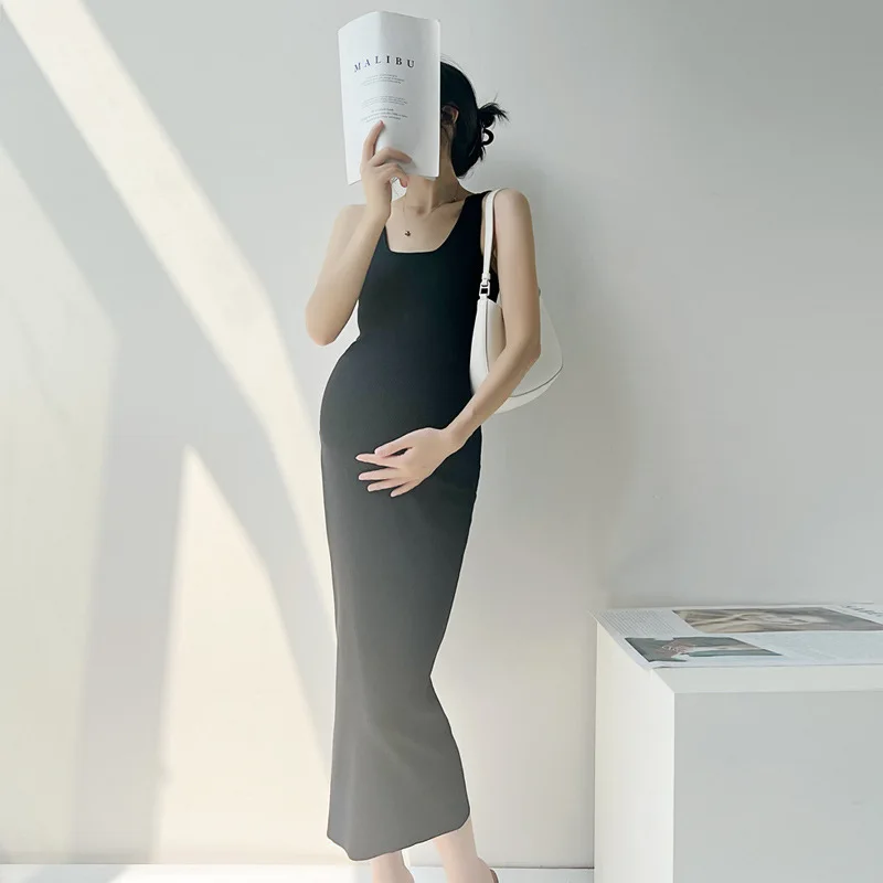 Pregnant Tight Long Dress Women Solid O-Neck Short Sleeve Maternity Spring Summer Pregnancy Clothes