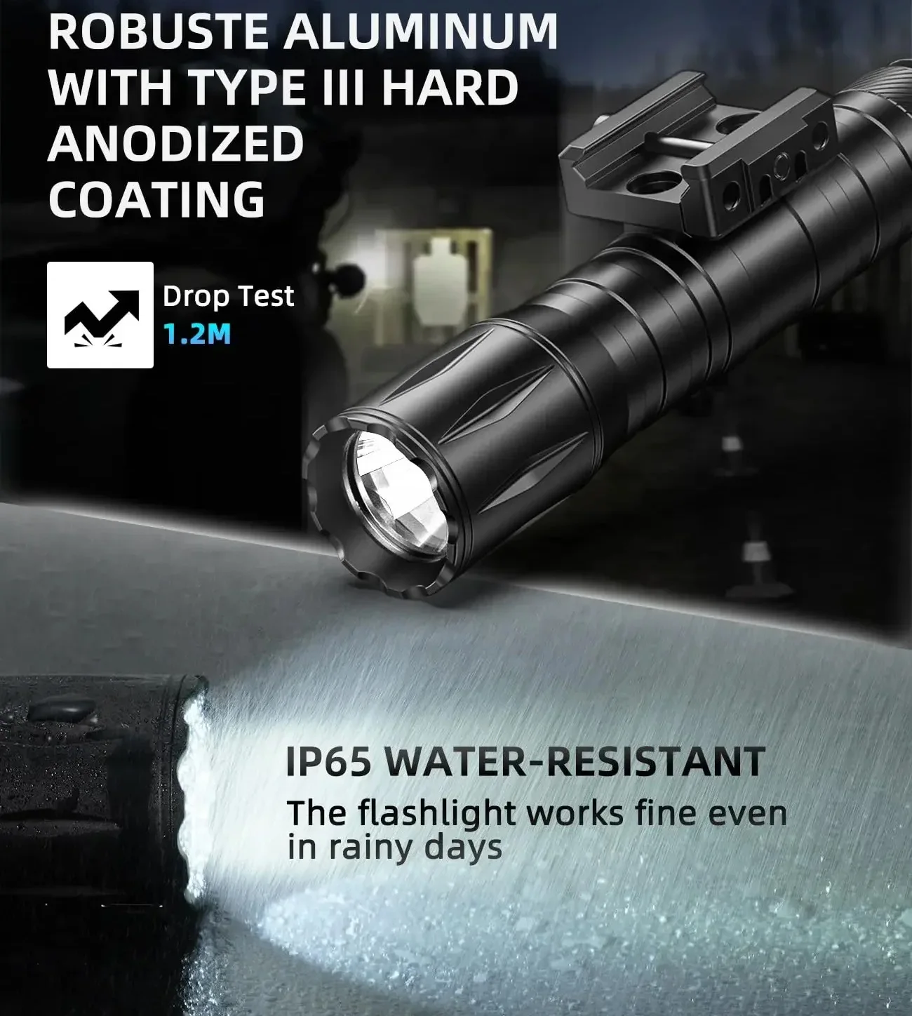 Richfire SFD-113M Tactical Rifle Flashlight 1800 Lumens Rechargeable Hunting Torch Light with Strobe Mode for Picatinny