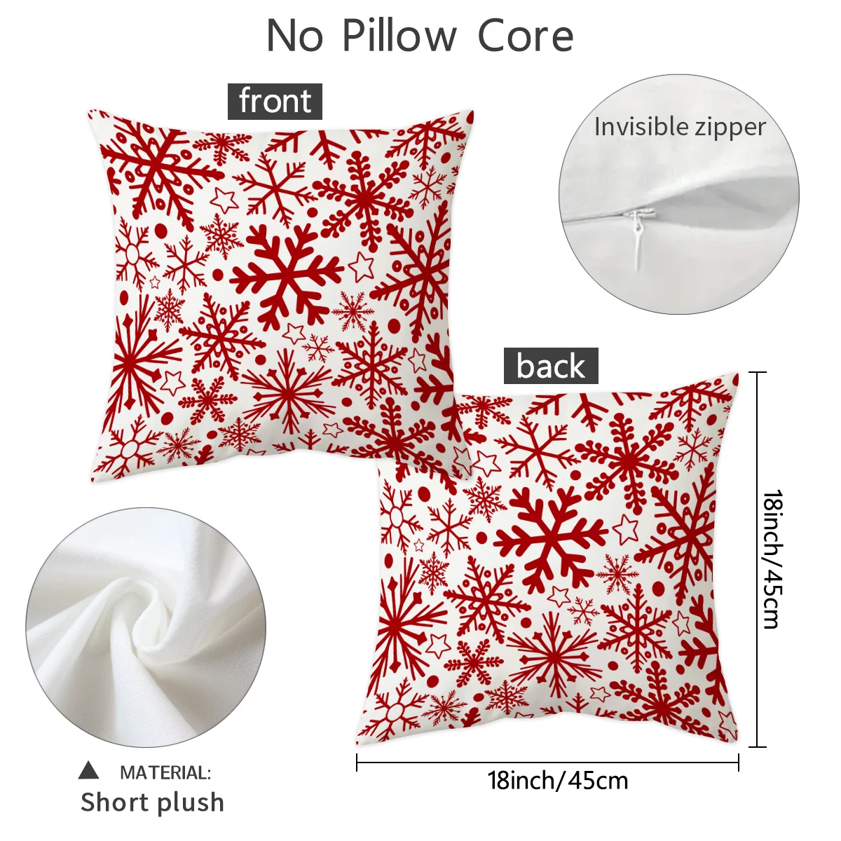 1/2pcs Christmas red snowflake pattern pillow cover 18x18 inch double-sided short plush cushion cover (without pillow core)