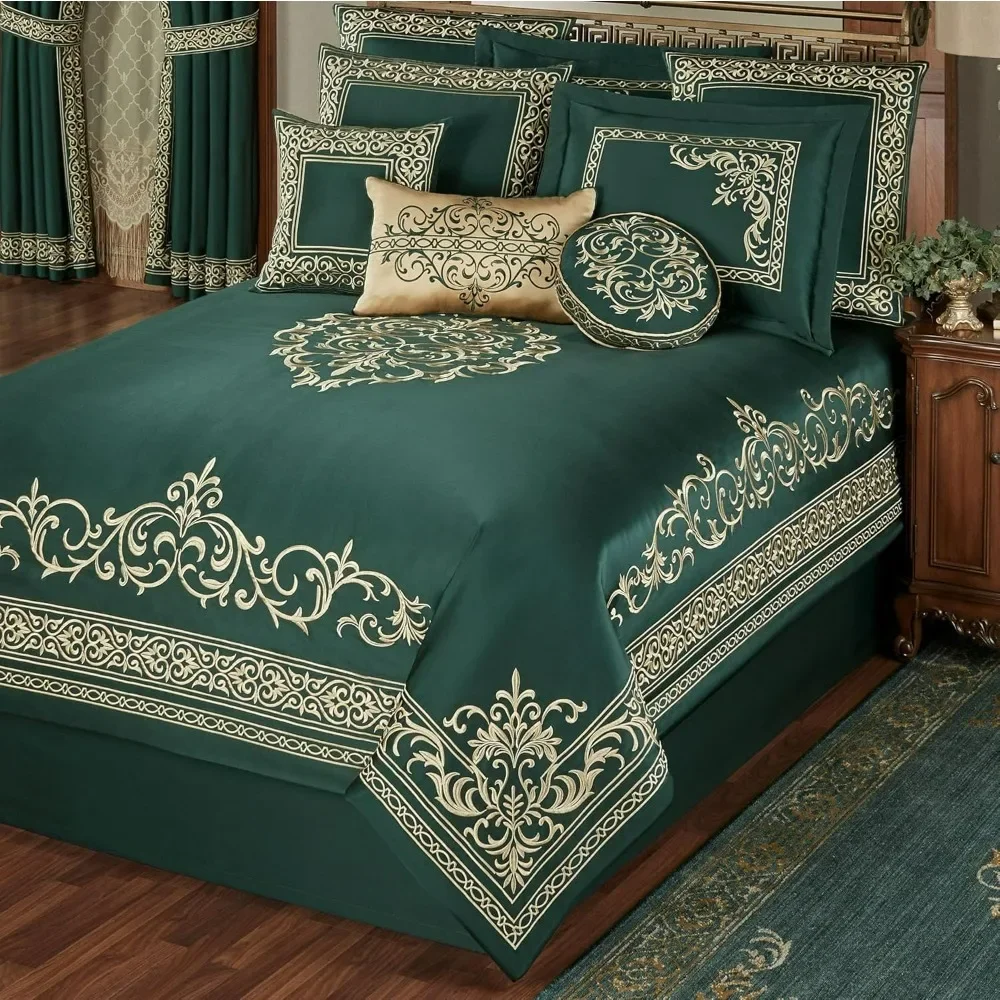 

Baroque Comforters Set, Luxury Bedding, Palace-Inspired Golden Scrollwork Embroidery 4/7/11 Piece Comforters Set, Emerald Green