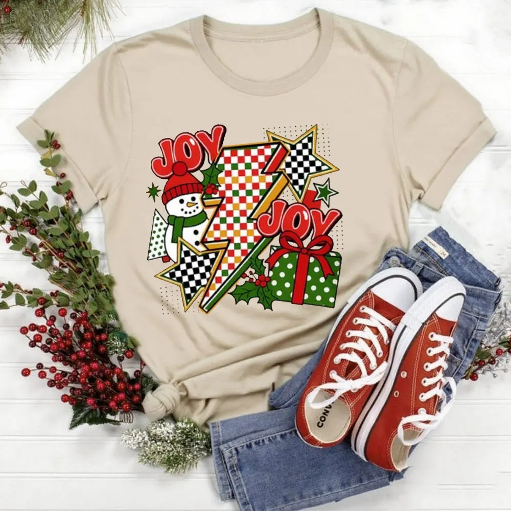 Retro Christmas Tops Checkered Shirt Clipart Joy Snowman Gift Tops High Quality Loose Casual Cotton T Shirt Women Clothes