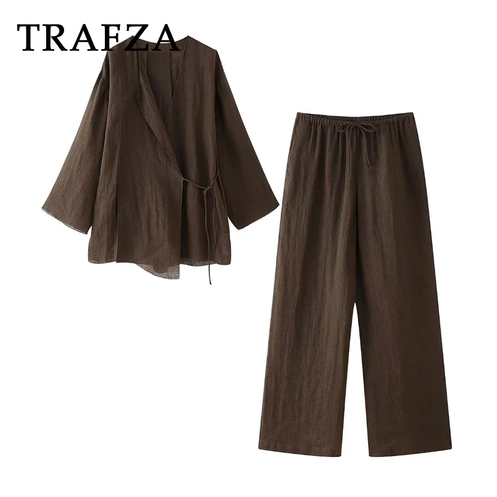 TRAFZA 2024 Summer Women Casual Solid Flax Suit Loose Lace-Up Kimono Cross Shirt+Drawing Wide Leg Long Pant Fashion Women Suit