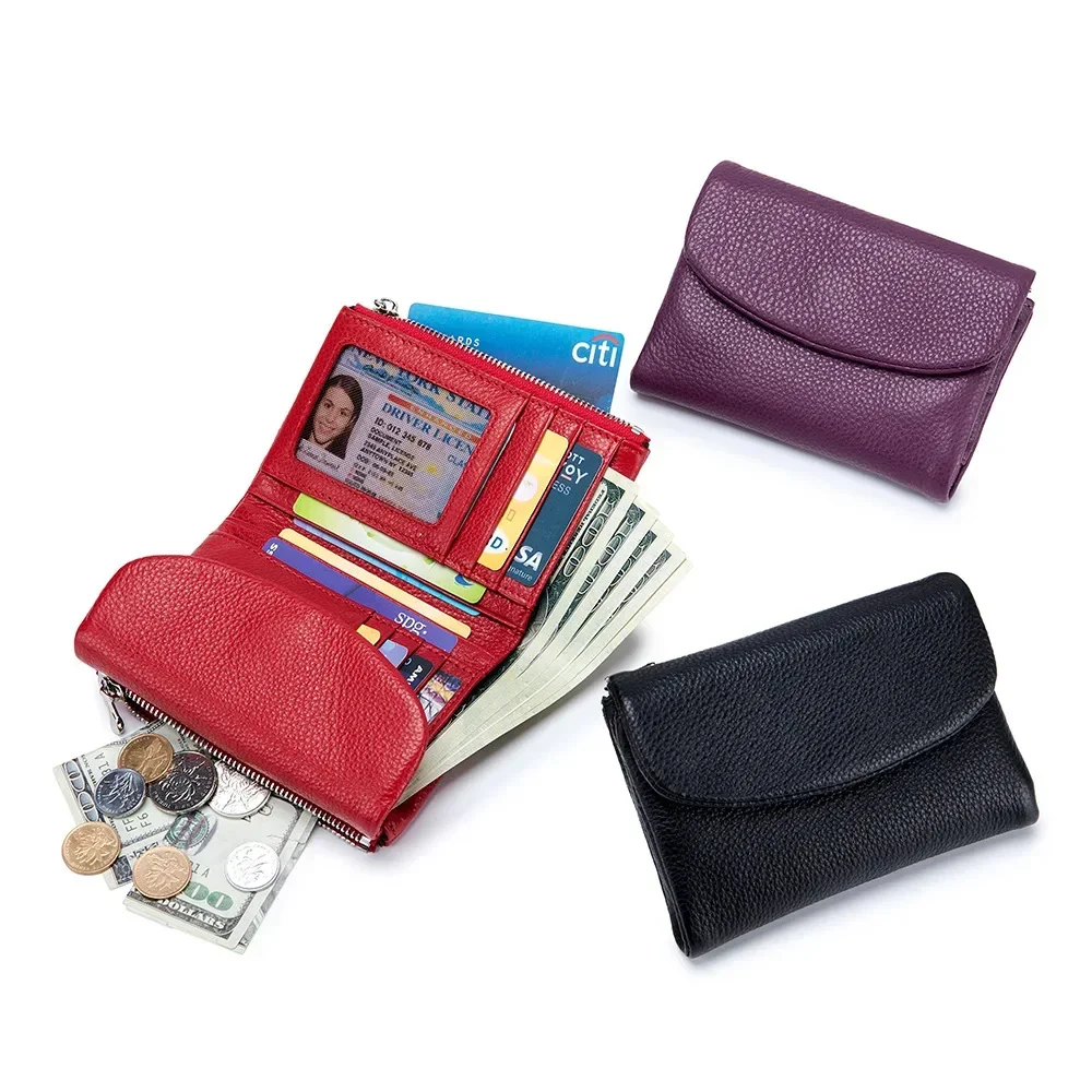 Women's Short Soft Cowhide Leather Fashion Zipper Coin Change Bag Luxury Brand Money Clip Multi Card Trifold Wallet Purse