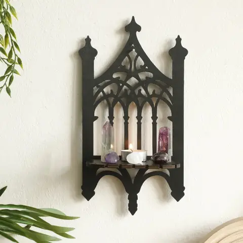 1pcs Black Wooden Gothic Fence-style Wall-mounted Storage Rack - Minimalist Home Bedroom Decor Display Shelf