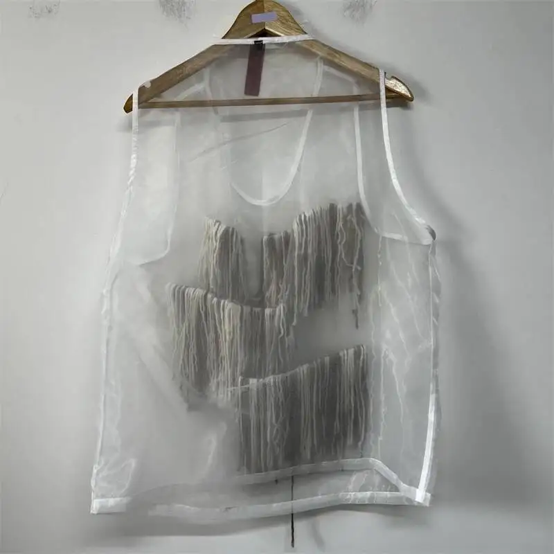 Yarn Tassel Organza Tank Top Mens Spaghetti Strap Loose Tailored Niche Street Daily Casual Male Vest BAT1