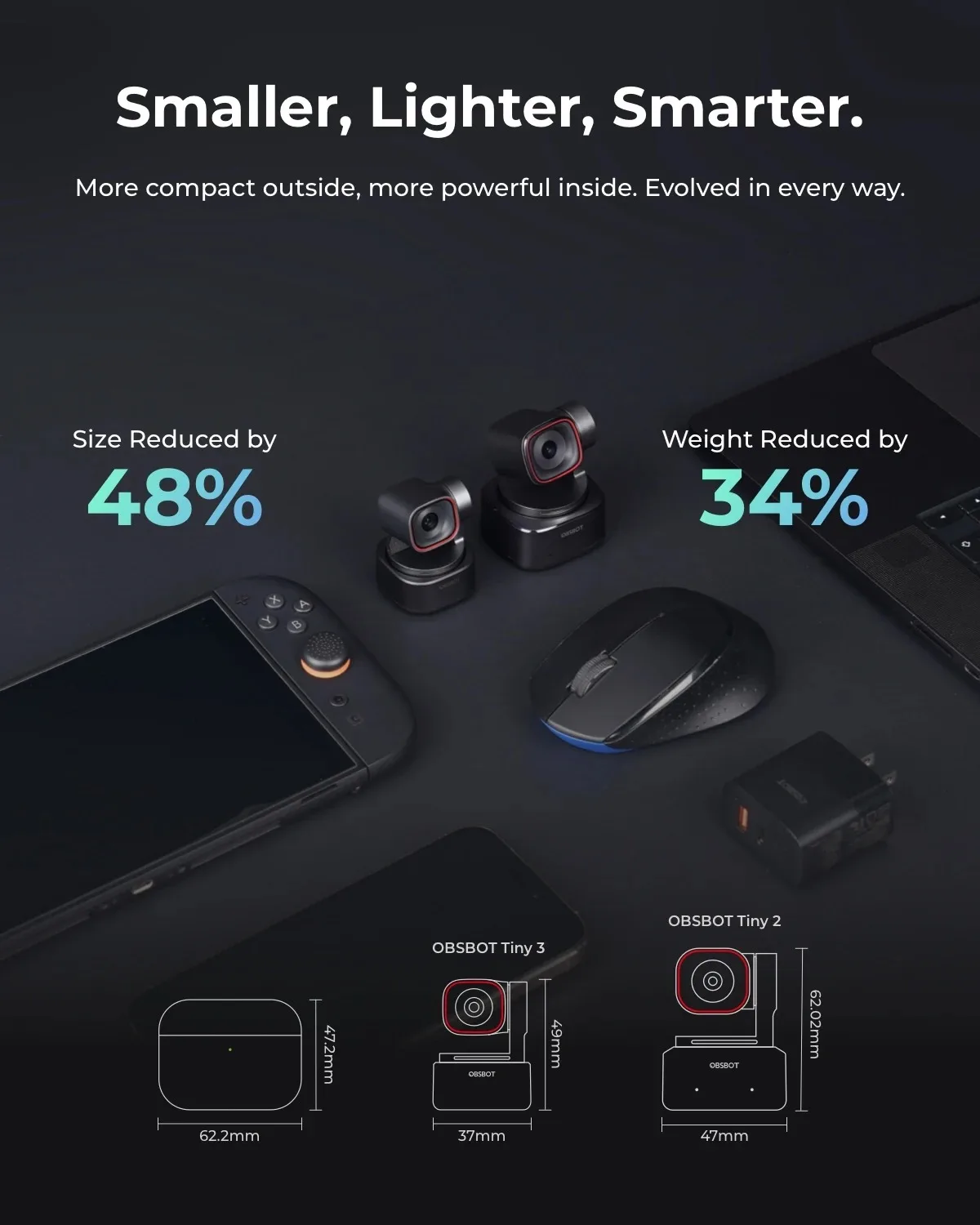 OBSBOT Tiny 3 AI Tracking PTZ Camera 4K Webcam AI-Powered Spatial Audio, with 1/1.28
