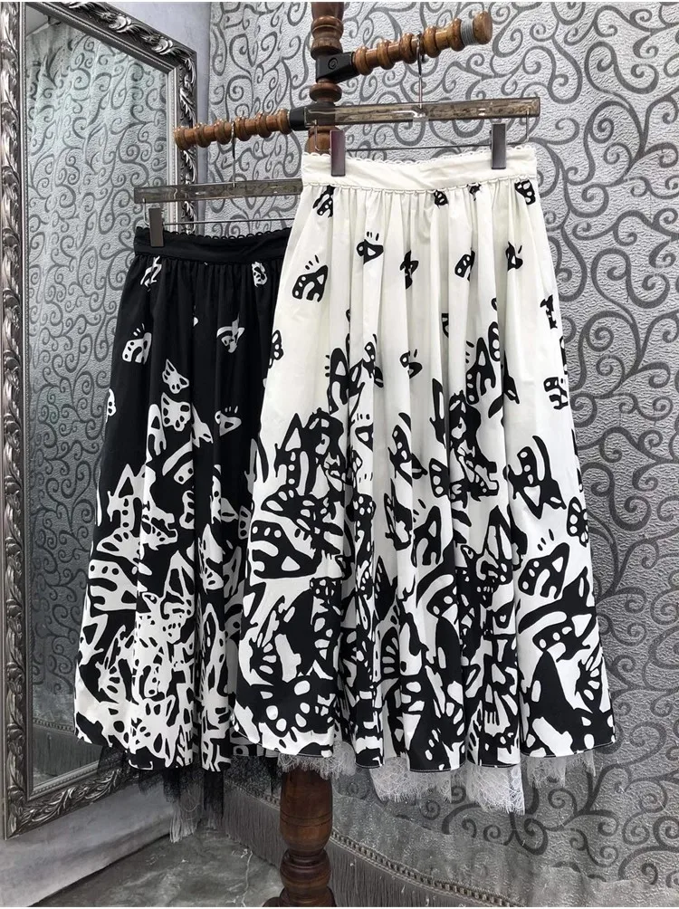 

2024 New Korean Style Long Skirts High Quality Women Vintage Prints Lace Patchwork Casual Long Maxi White Black Skirts Clothing