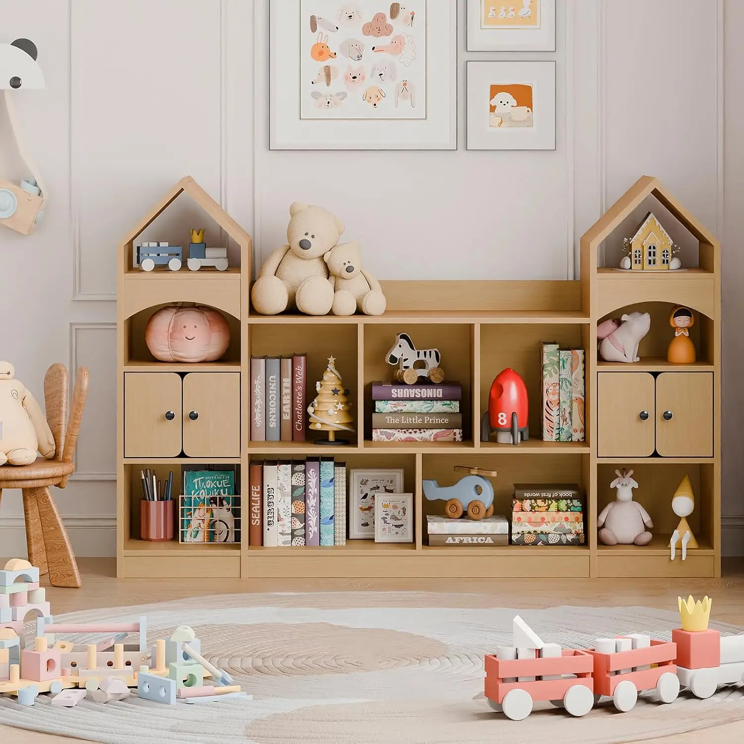 Castle Shape Children's Bookshelf, Kids Toy Storage Organizer Kids Bookcase Display Case Multifunctional Storage Cabinet Bookshe
