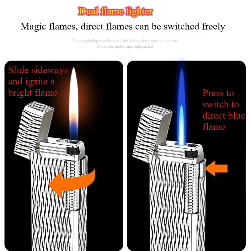Good New Narrow Version Gas Lighter, Dual Flame Switching, Exquisite and Compact, Metal, Grinding Wheel, Gift for Men and Women