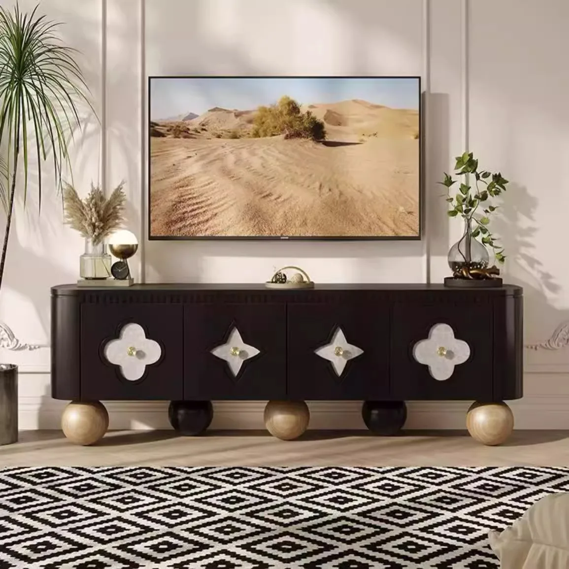 French Cream Wind TV Cabinet Solid Wood Clover Storage Cabinet Living Room Light Luxury Premium Shell Floor Cabinet