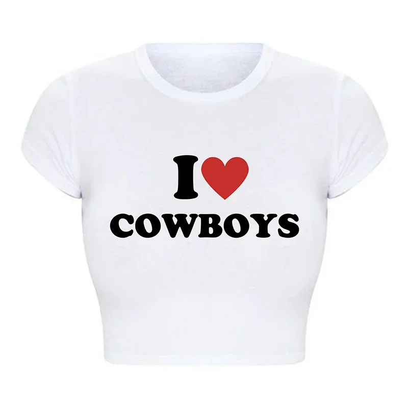 

Женская короткая футболка с круглым вырезом I Love Cowboys, сексуальный укороченный топ, летняя модная футболка