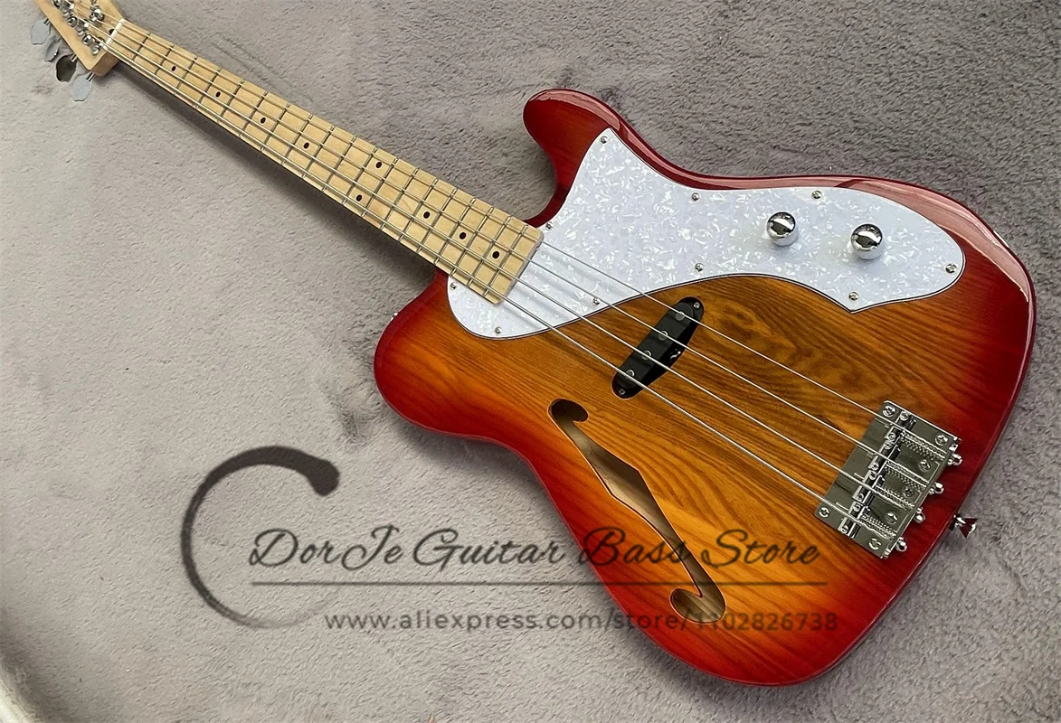 4 String Bass Guitar Cherry Sunset Bass Semi-hollow Ash Body Maple Neck Fixed Bridge White Pickup Guard