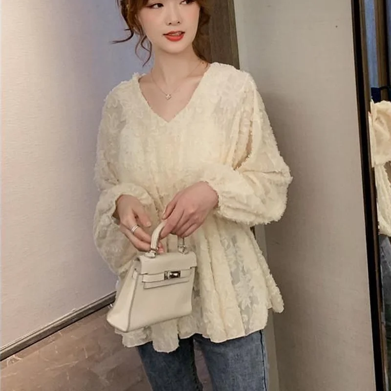 Blouses Women Classy Elegant V-Neck Tender College Solid Design Popular Chiffon Ulzzang Blusones De Mujer Lovely French Style