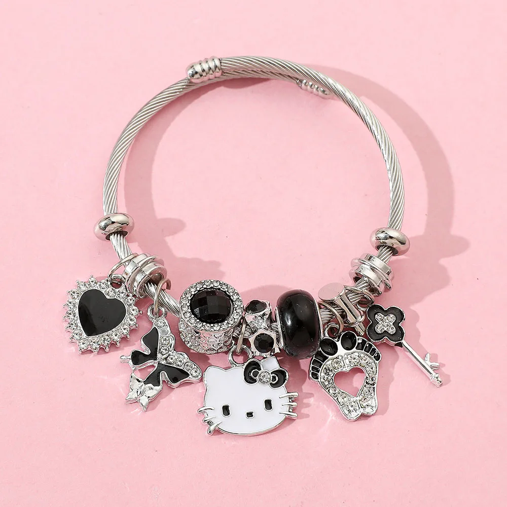 

Sanrio KT Cat Stainless Steel Open Bracelet Black Kuromi Beaded Bracelet Love Pendant Accessories Jewelry Gift