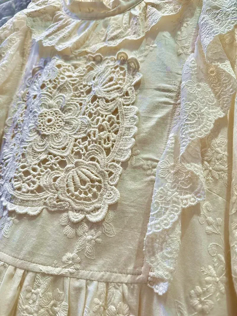 Vintage Rococo Victorian Ruffled Lace Floral Long Midi Dress Summer Retro Cotton Linen Mori Girl Cottagecore White Tunic Dress