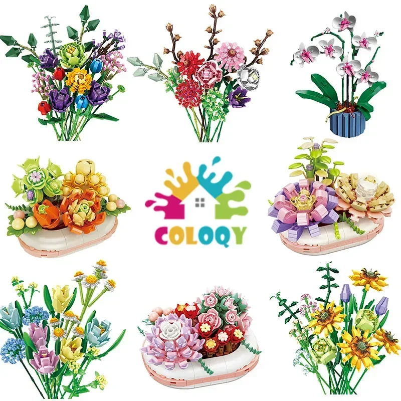 Children's building block toys realistic yellow red and blue beautiful flowers roses tulips DIY Valentine's Day birthday gift