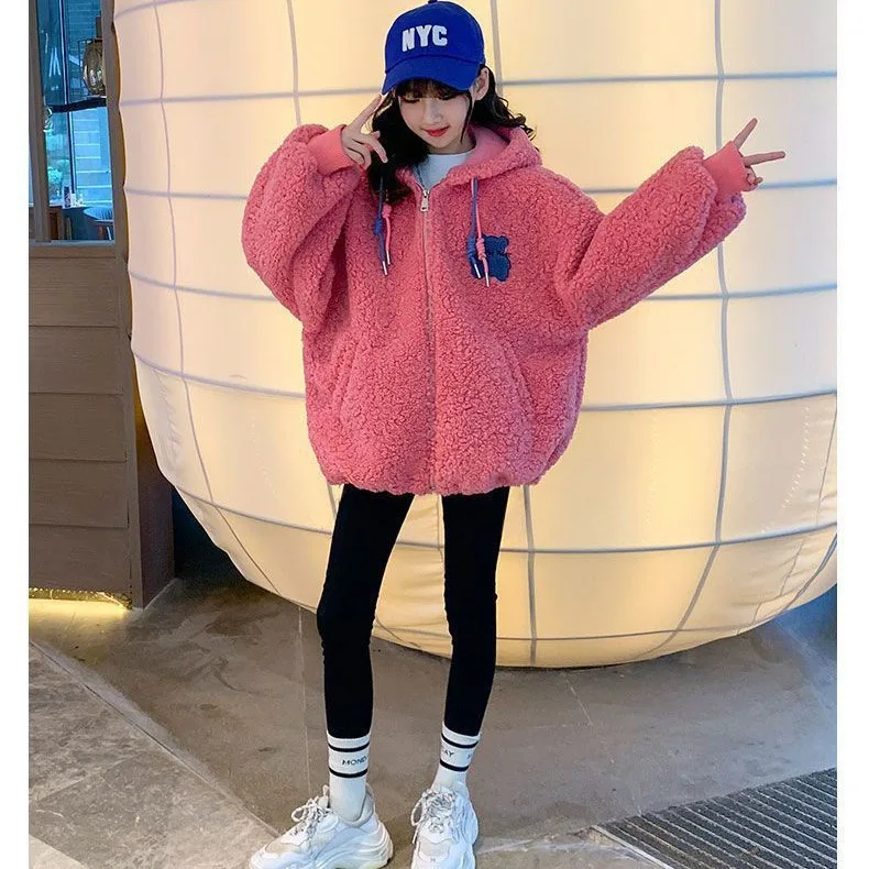 

Korean Autumn Winter Children Girl Plus Velvet Jacket Teenager Girl Cartoon Letter Hooded Top Coat School Girl Thicken Outwears