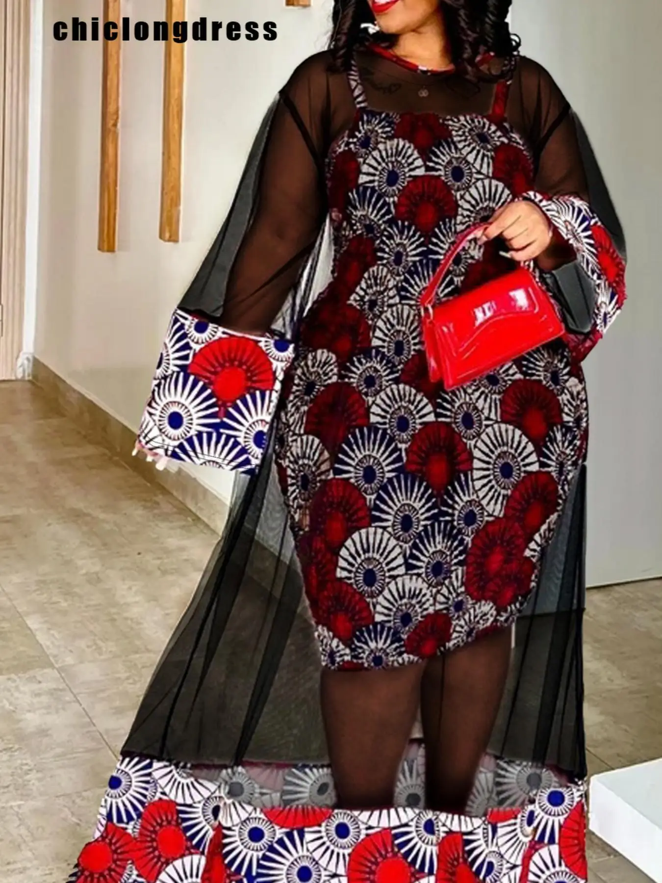 

Summer Fashion Dress Two Piece Set Women Sexy Printed Camisole Dress Mesh Cover Up Shirt Two Piece Set African Women