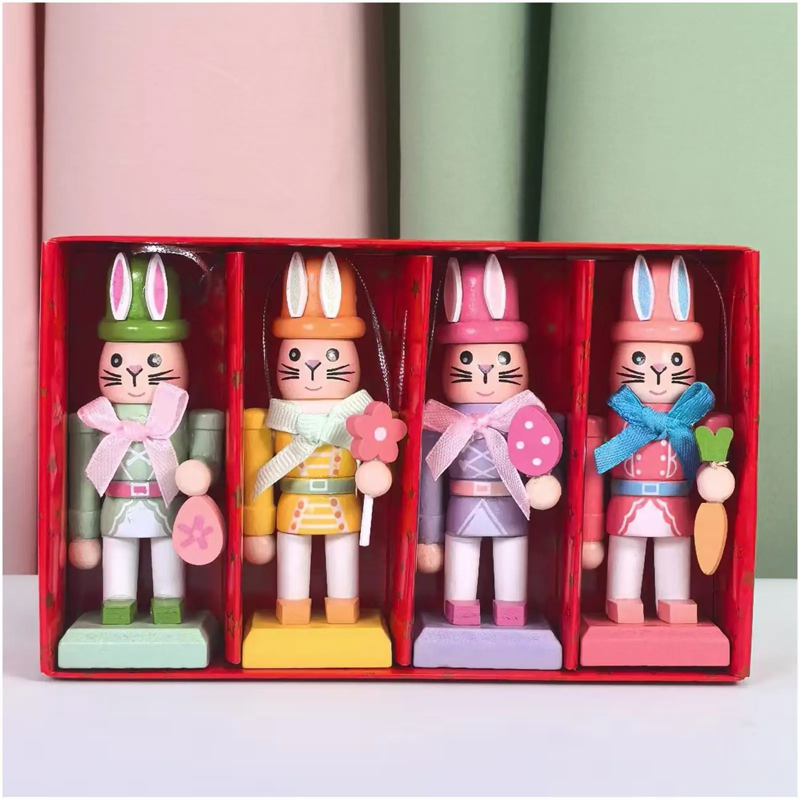 Osterhasen-Nussknacker, 4 Stück, hölzerne Oster-Tischskulpturen, 4,1 Zoll große Hasenfiguren für Arbeitsplatz, Zuhause, Schlafzimmer, Kaminsims