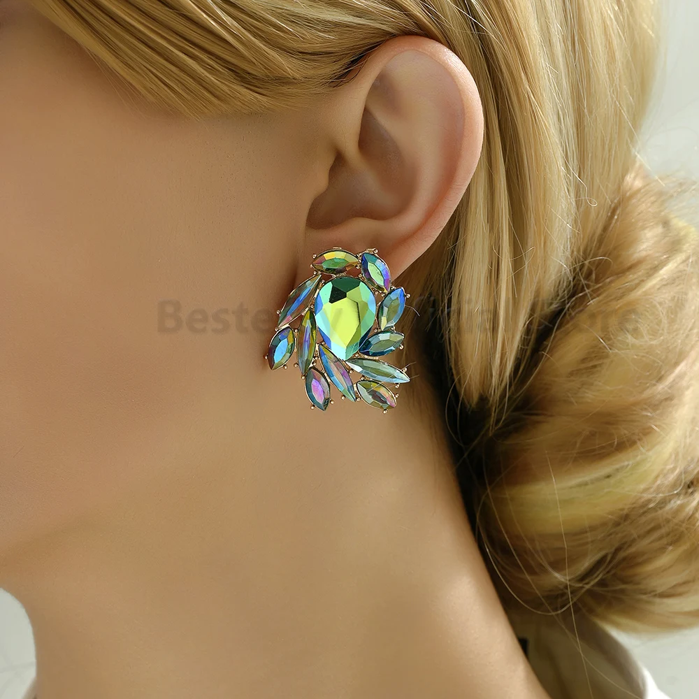 New Luxury Geometric Colorful Glass Big Stud Earrings For Women Fashion Party Dances Vintage Jewelry Statement Accessories Gift