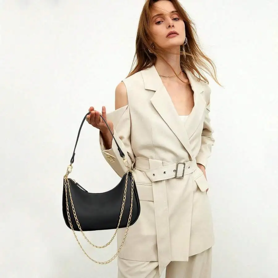 

Womens Half Moon Hobo Shoulder Bag With Chain Strap Casual Vintage Style