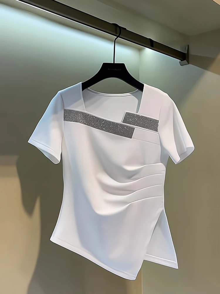 

Женская летняя футболка Slim Fit с квадратным вырезом и коротким рукавом, новинка, европейский дизайн, приталенная, с эффектом утяжки талии, в стиле Heavy Industry Design Sense
