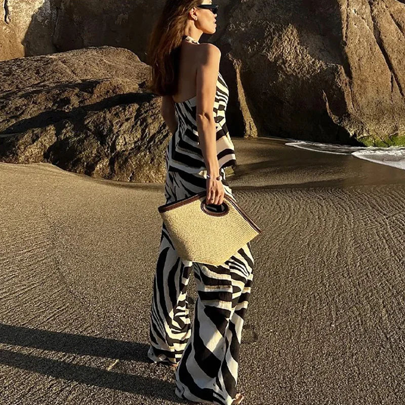 PRINTKAOIR Women Summer Pants And Hanging Neck Zebra Printed Vest Tops+High Waist Zipper Casual Loose Baggy Pants Beach Holiday