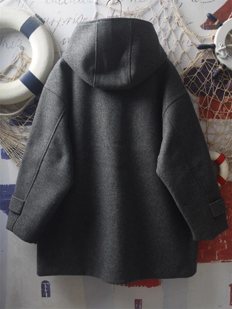 اليابانية الخريف الشتاء معطف الصوف فضفاض رشاقته الدافئة مبطن معطف الصوف الرمادي منتصف طويلة مقنعين القرن زر الطلاب سترة
