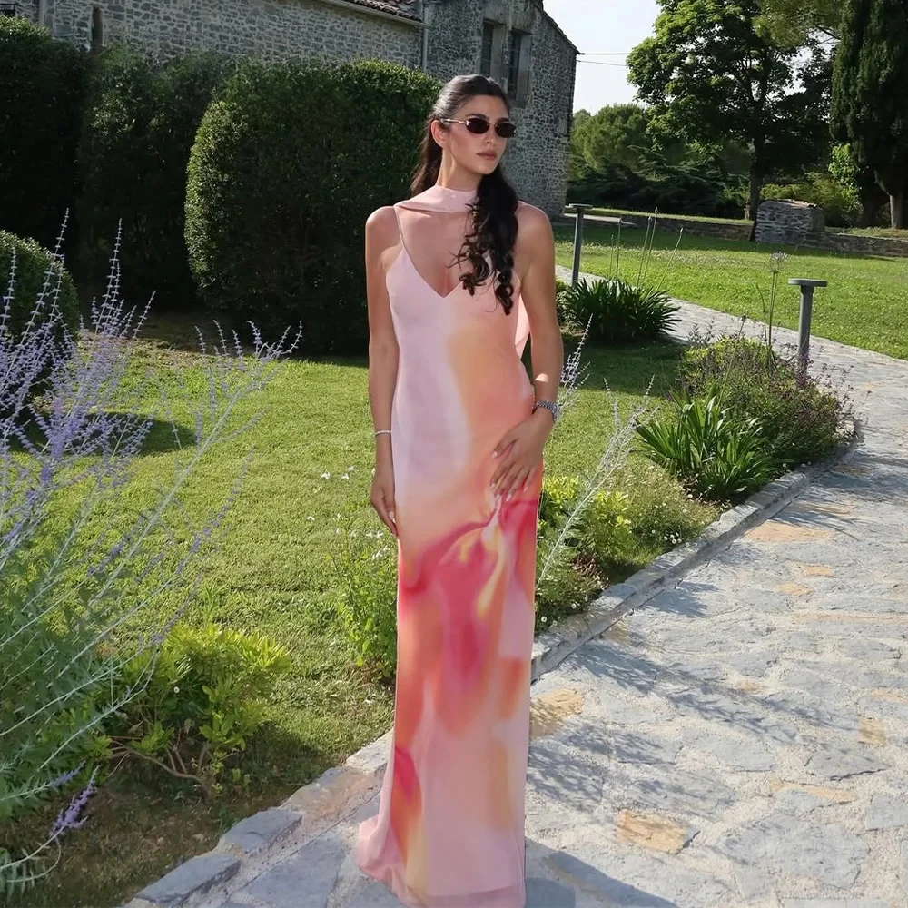 2025 Spring Summer Elegant Women Scarf Collar Dresses Fashion Sexy Print Slim Sleeveless Cami Chic Ladies Long Dresses