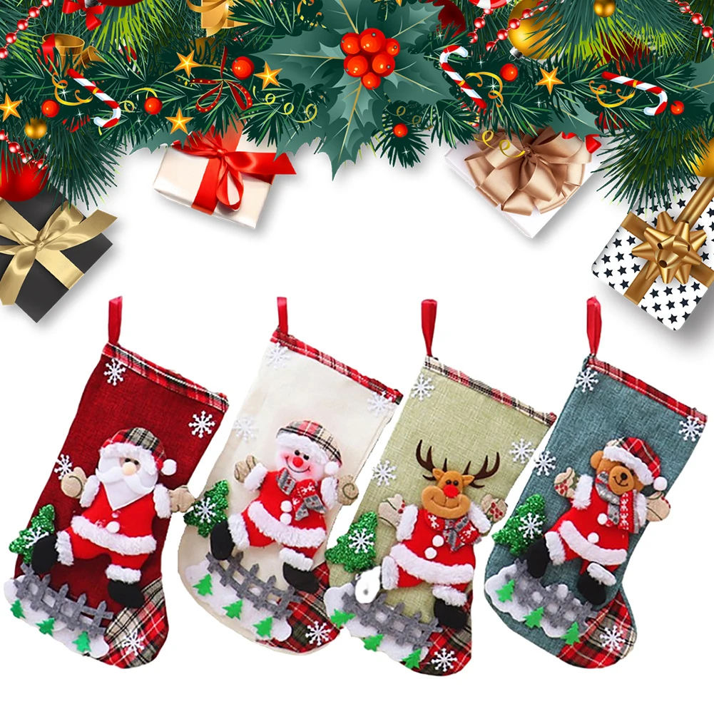 4Pcs Christmas Stockings Set Large Capacity Christmas Ornament Sock Plush Santa Claus/Snowman/Bear/Elk for Home Classroom Party
