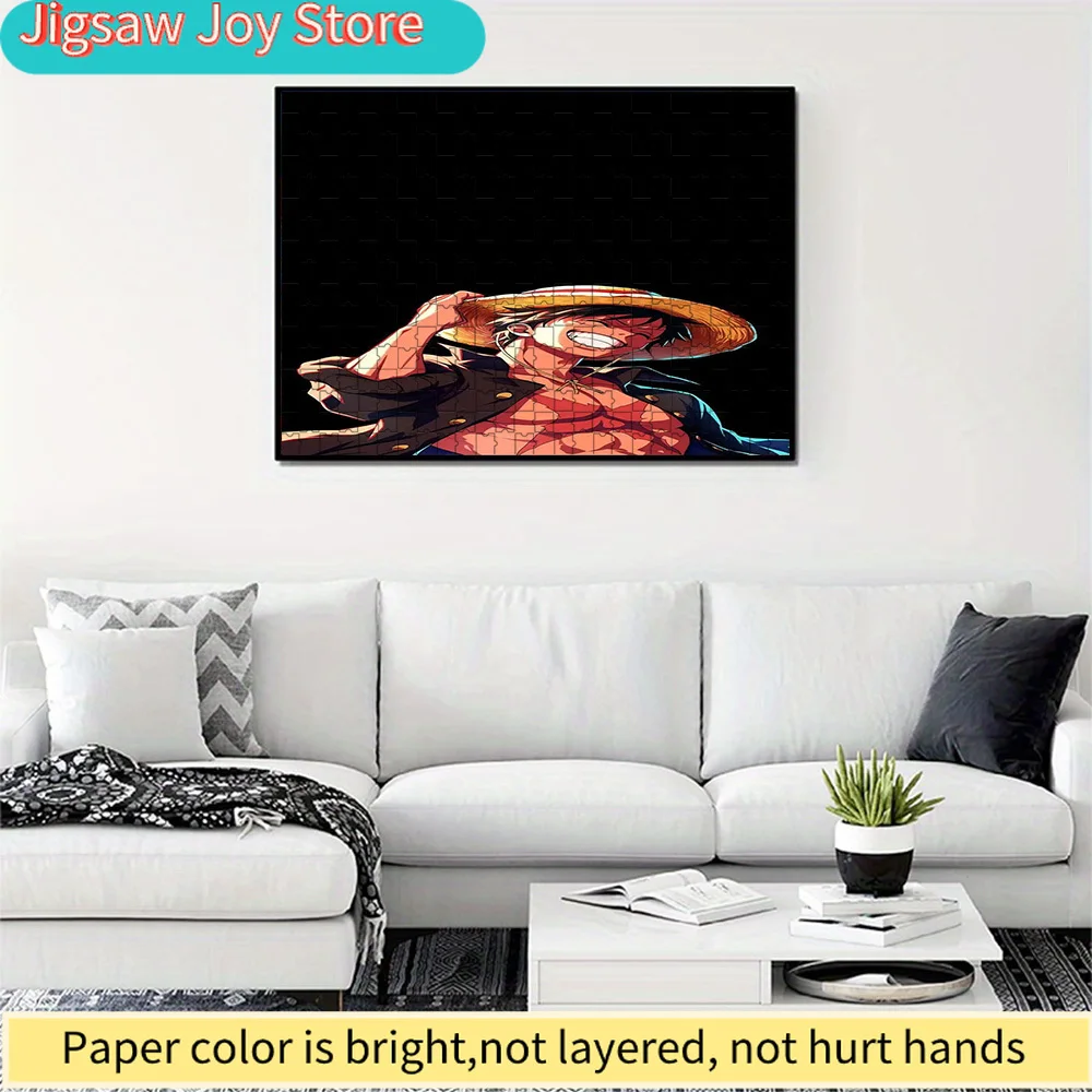 

Премиум-пазл из бумаги с изображением Monkey D. Luffy в соломенной шляпе на черном фоне, в рамке, настенное искусство, аниме-арт, высокое качество.