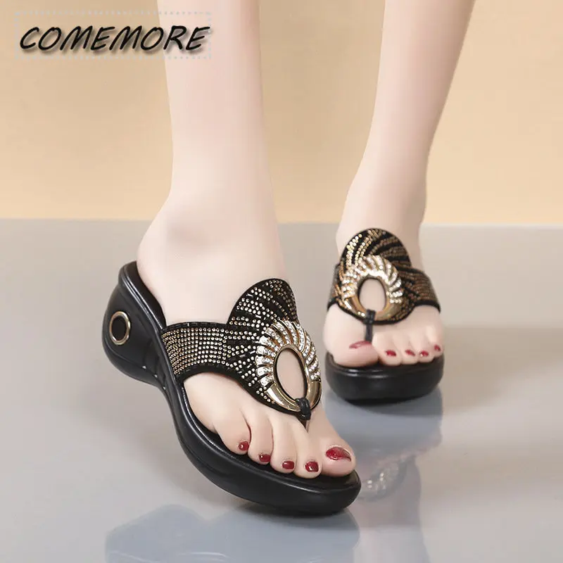 Retro Ladies Slippers Summer New Platform Wedge Rhinestones Flip-flops Sandals Fashion Comfy High Thick Heel Slippers for Women