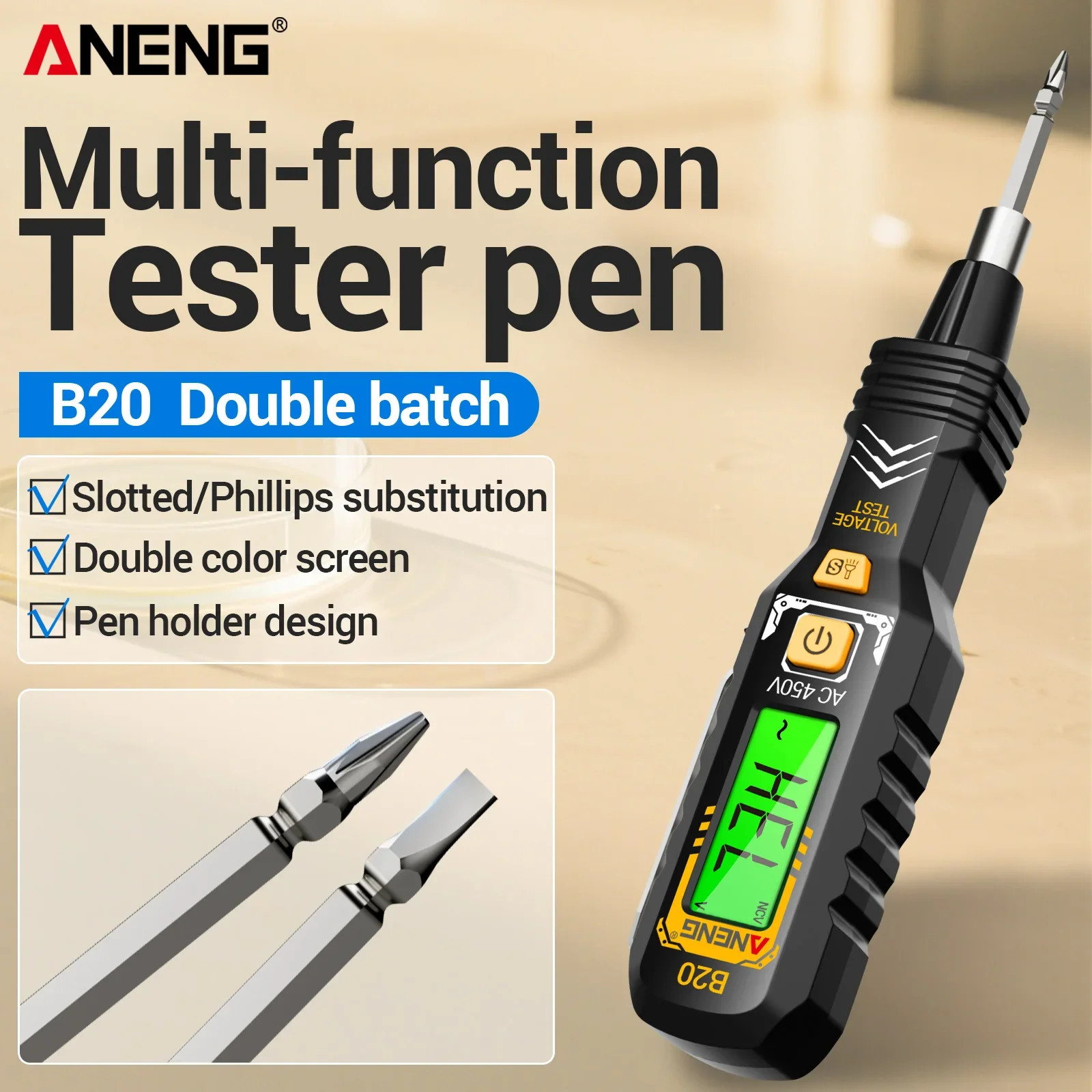 

Digital induction pen 30~1000V wide range non-contact electrical testing screwdriver dual-use electrician maintenance tool ANENG