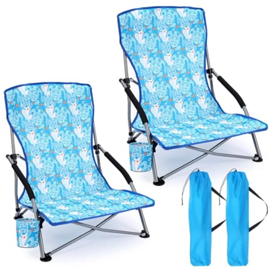 Beach chair for outdoor use, polyester fabric, blue with tropical flowers pattern, ergonomic back support and cup holder