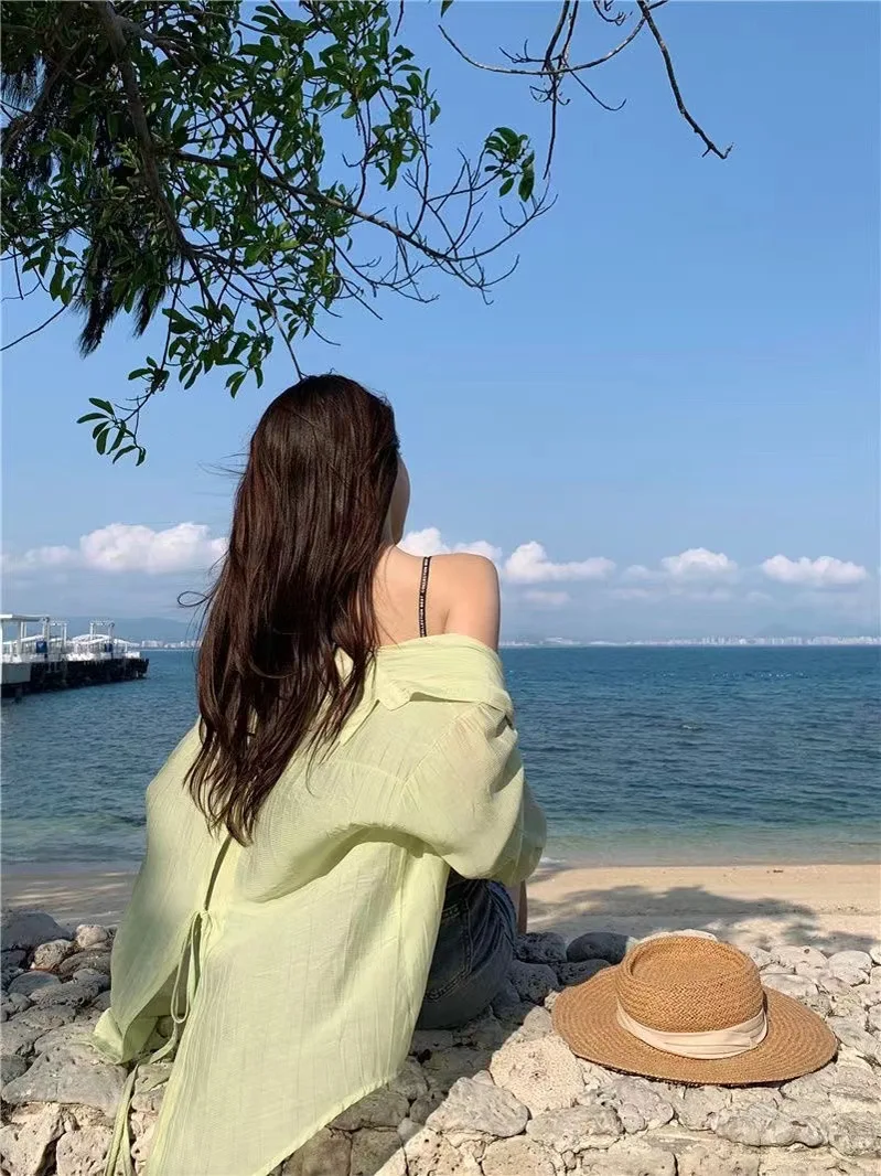 

Spring Summer Thin Sun Protection irt Jaet Women's Design Ba Slit Tie Ele irt Top Casual Loose Long Sve C...