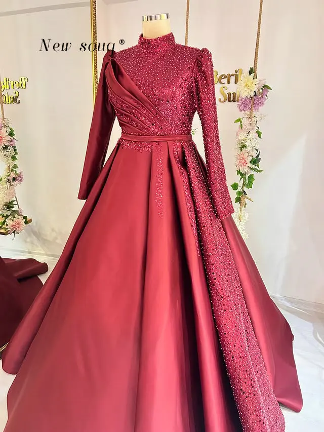 Burgundy Puffy A Line Muslim Long Sleeves Evening Dresses Middle East Formal Bridal Wedding Party Gowns Plus Size Customized
