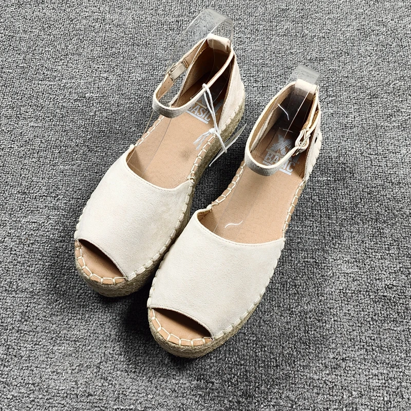 Velvet Shoes Med High Heel Sandal for Women Open Toe Suit Female Beige Large Size Clogs Wedge Muffins shoe Buckle Strap Suede Me