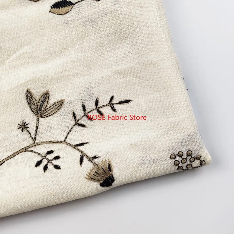 Flower embroidery Linen Cotton Fabric for Boho Dress, Summer Dress, Curtains, skirt, tops, tabletop, pillowcase, headbands