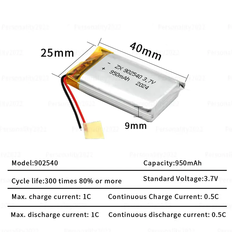 Lipo Battery 3.7V 902540 950mAh Li Po Lithium Ion Batteries for Smart Watches Electronic Toys POS Card Machines Rechargeable