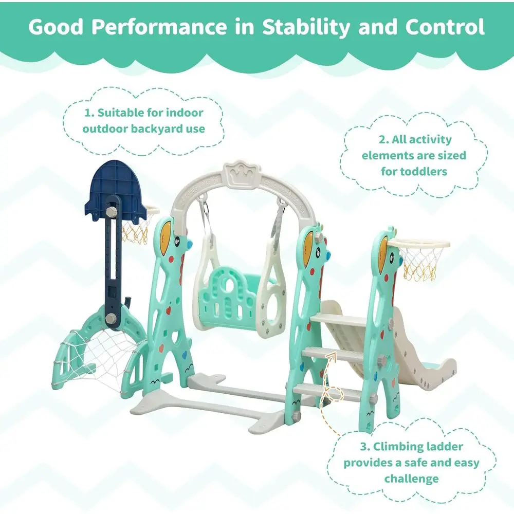 Conjunto de escorregador e balanço infantil 6 em 1 Neekoy para crianças, balanço infantil com cesta de basquete, adequado para playground cinza e verde