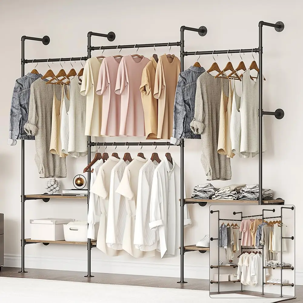 

Industrial Pipe Clothing Rack, Wall Mounted Clothes Rack for Hanging Clothes, Retail Display Rack with Shelves, Add Corner insta
