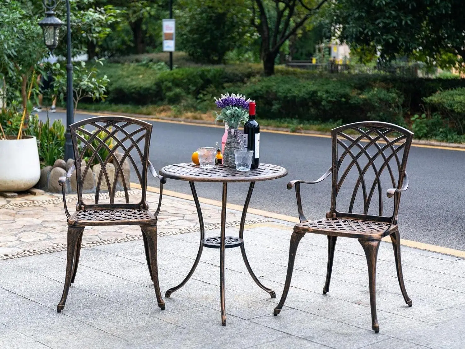 Bronze rust-resistant cast aluminum 3-piece outdoor bistro set with round table equipped with umbrella hole, sturdy metal furniture for patio, balcony and private yard leisure use view 5