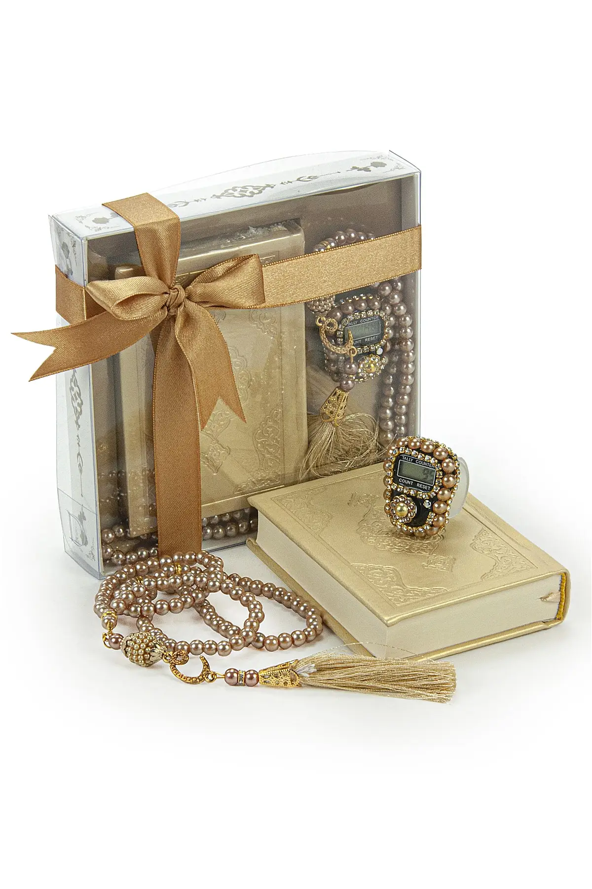 Muslim Gift  Gold Quran Set with Pearl Rosary and Zikirmatik Religious Gift Hajj Umrah Muslim Islamic Quran