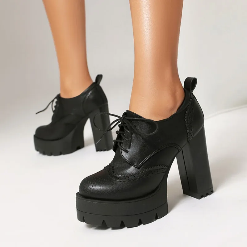 

Новые черно-коричневые ретро-туфли на высоком каблуке 11 см с перекрестными ремешками, весенне-осенние, повседневные, удобные, водонепроницаемые, на платформе, размеры 36-46