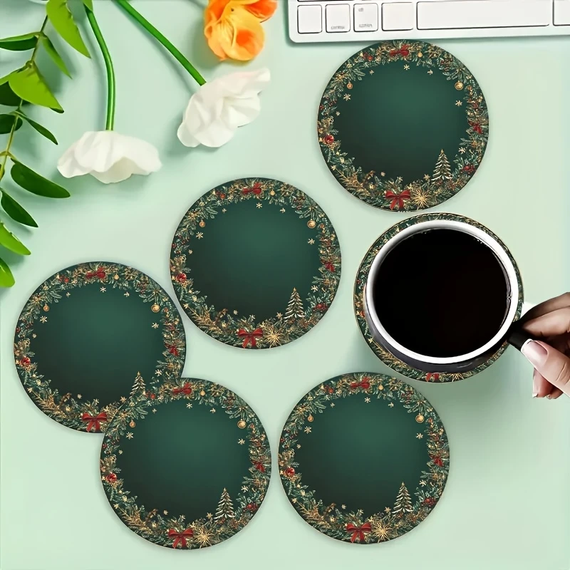 2D Retro Green Christmas Snowball Pine Tree 4in Wooden Coasters Set for Home Office Coffee Table Decor 2026 New Year Party Gift