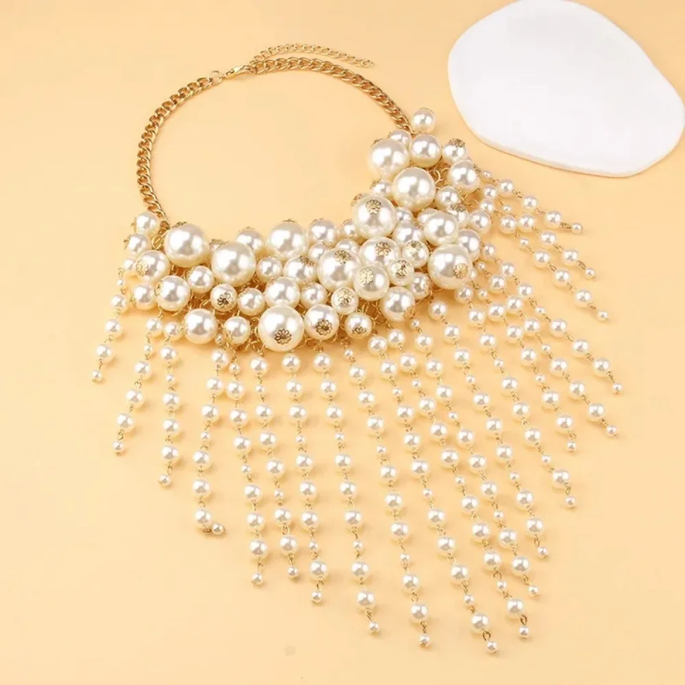 Multilayers Exaggerated Large Pearl Beaded Tassel Necklace for Women Charm Pendant Necklaces Choker Chain Jewelry Clavicle Chain