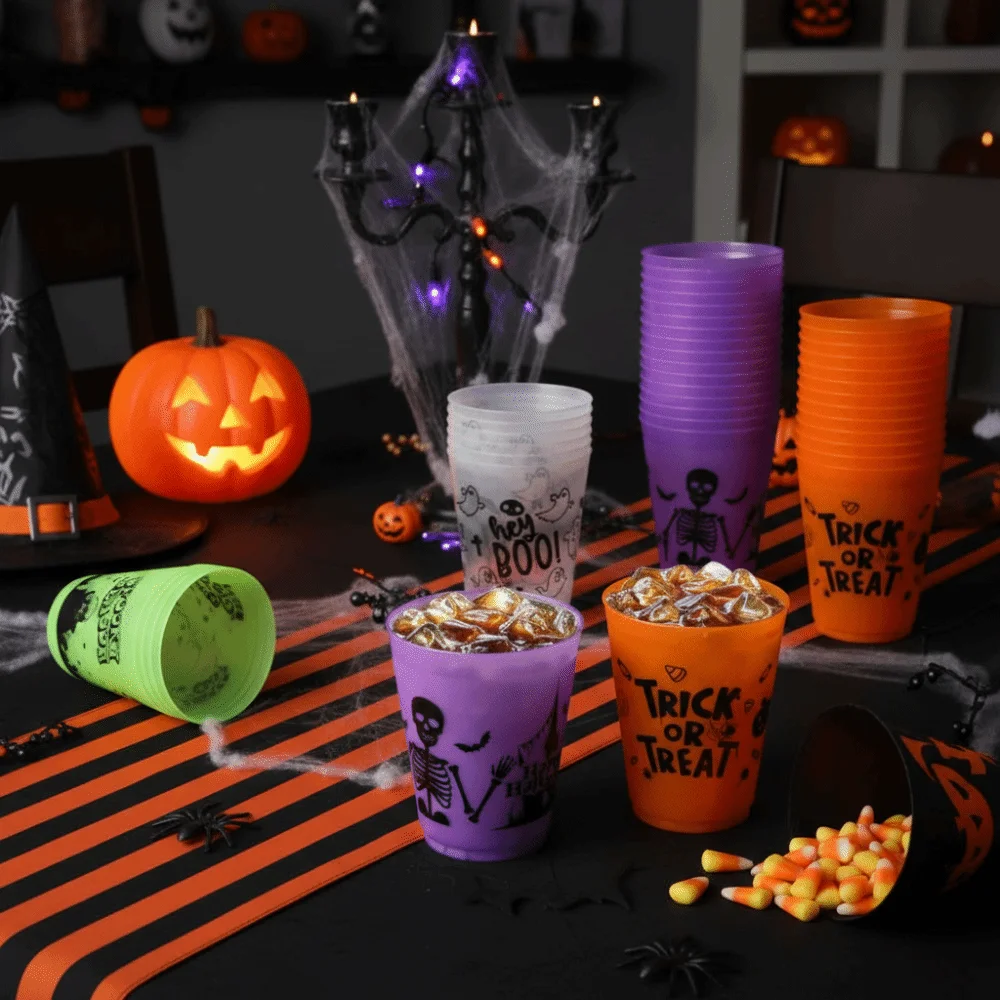 8PCS Plastic Halloween Party Cups 450ML Matte Texture Drinking Cup Smooth Cup Rim Ghost Skull Pattern Juice Cup